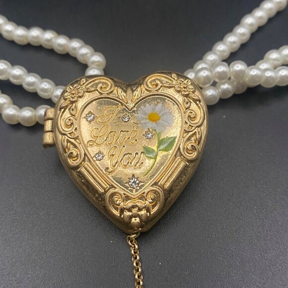 Betsey Johnson Locket 3 Strand Faux Pearl Necklace Heart Butterfly Gold Tone - Picture 3 of 10